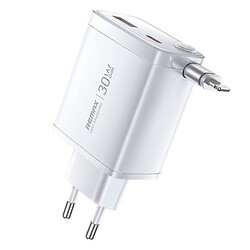 СЗУ Remax U02-AC30Wi Apple iPhone SE 2022 / iPhone 14 Pro Max / iPhone 14 Plus / iPhone 14 Pro / iPhone 14 / iPhone 13 Pro / iPhone 13 Mini / iPhone 13 / iPhone 13 Pro Max / iPhone 12 Mini / iPhone 12 Pro Max / iPhone 12 Pro, Lightning, З кабелем, Білий