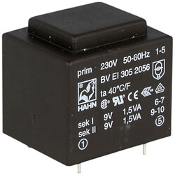 Трансформатор мережевий (50 Гц) BVEI 305 2056 (2x9v/2x167mA, 3VA)