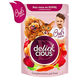 Корм для кошек, собак DELICKCIOUS вкус борща из говядины пауч 85 г