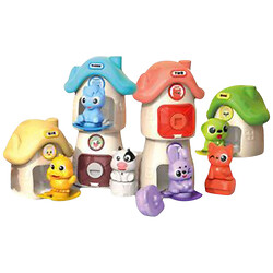 Логічна гра "Монтессорі": 6 будиночків, розмір 10х7.5х10 см, 6 тварин, кольори, назви, цифри, написи англійською мовою, відкриваються дверцята, в коробці, Mic