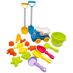 Песочный набор: размер самосвала 16.5х11.х13 см, высота ведра 10 см, грабли, сито, 4 лопатки, 11 формочек, в сетке, Mic