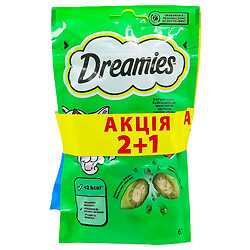 Ласощі для котів DREAMIES, Сир, лосось + котяча м'ята, 60 г х 3 шт/уп.