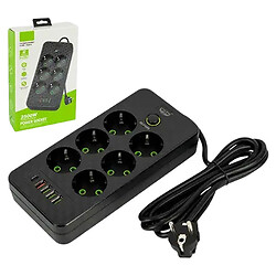 Мережевий фільтр подовжувач EU-2506PD, 2м, 6 розеток, 5 USB, QC, PD, 10А, 2.5кВт, Чорний